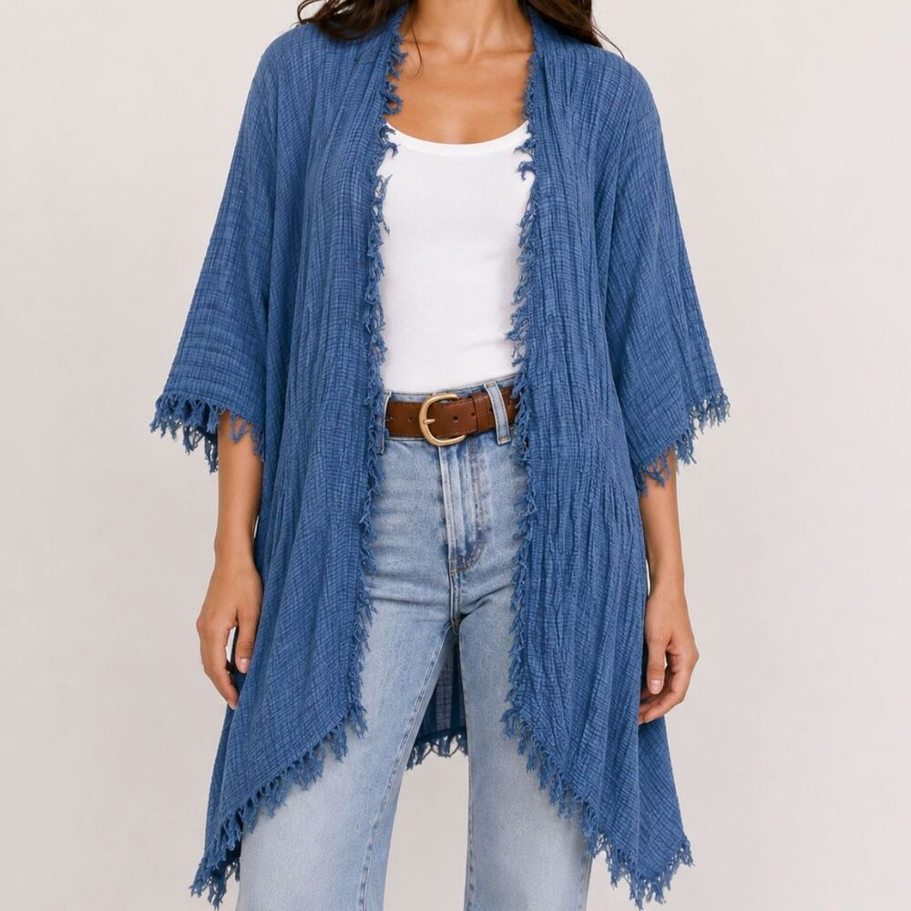 Coldwater Creek Blue Fringe Kimono Duster One Size